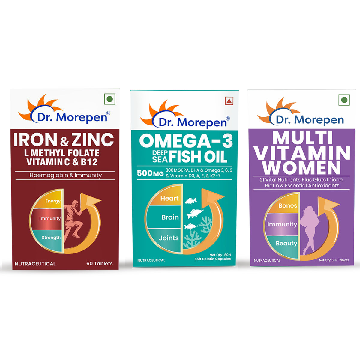 Multivitamin women l Omega-500mg l Iron & Zinc ( Pack Of 3 )