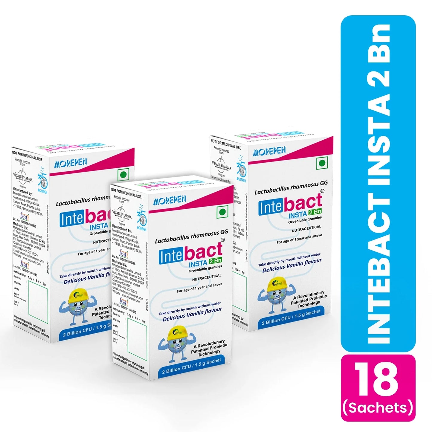 Intebact Insta Probiotic 2BN (Vanilla Flavour ) - 18 Sachets ( 3 Pack )